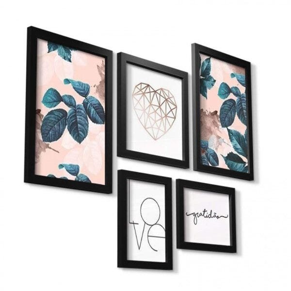 Conjunto 5 Quadros Decorativos Folhagem Coração e Gratidão Los Quadros - 3