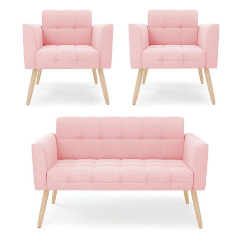 Kit 1 Sofá Namoradeira e 2 Poltronas Elisa Suede Rosa Bebê Pés Palito Natural - D'Rossi