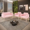 Ver imagem 4 de Kit 1 Sofá Namoradeira e 2 Poltronas Elisa Suede Rosa Bebê Pés Palito Natural - D'Rossi