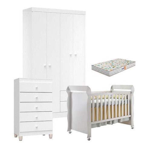 Quarto de Bebê 4 Portas com Gaveteiro Ternura Baby e Berço Mirelle Branco Brilho com Colchão