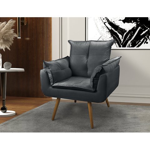 Poltrona Opala Para Sala Quarto Recepção Cadeira 1 Lugar Pés Palito Madeira MDF Cinza