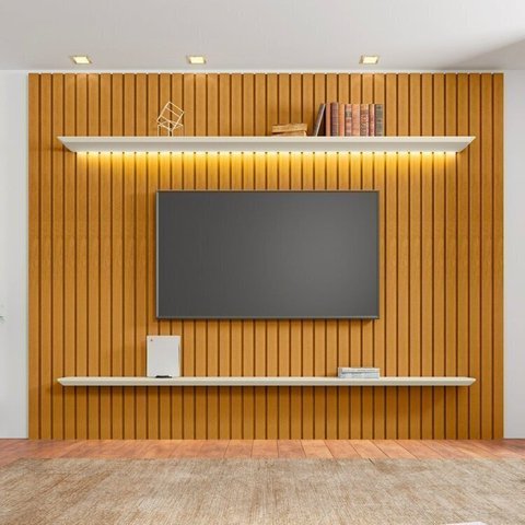 Painel Ripado para TV até 75 Polegadas com LED 100% MDF 230CMX220CM 2 Prateleiras Roma