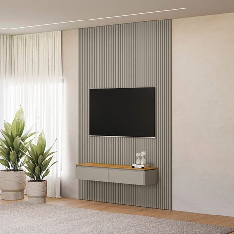 Painel Ripado Modular 180cm Ozero Mdp/mdf Nicho Arredondado Gris/tauari Fosco G77 - Gran Belo