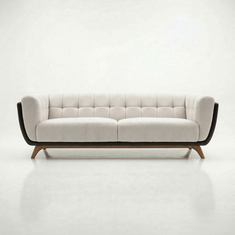 Sofá 2 Lugares 200cm Retrô Pés de Madeira Luxo Premium Estofado Bouclé Névoa Courino Preto P/ Sala