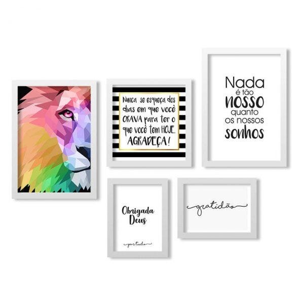 Conjunto 5 Quadros Decorativos Leão Multicores e Frases Los Quadros - 1