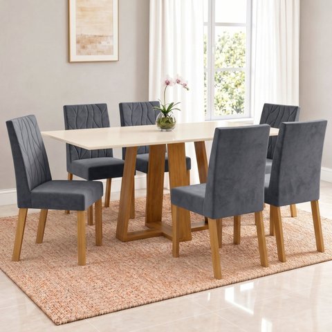 Conjunto Sala de Jantar Mesa Lisa 160cm Tampo MDF Canto Reto 6 Cadeiras Flávia