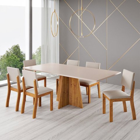 Conjunto Sala de Jantar Retangular 6 Lugares Tampo de Helia Bege/Mel/Blonde