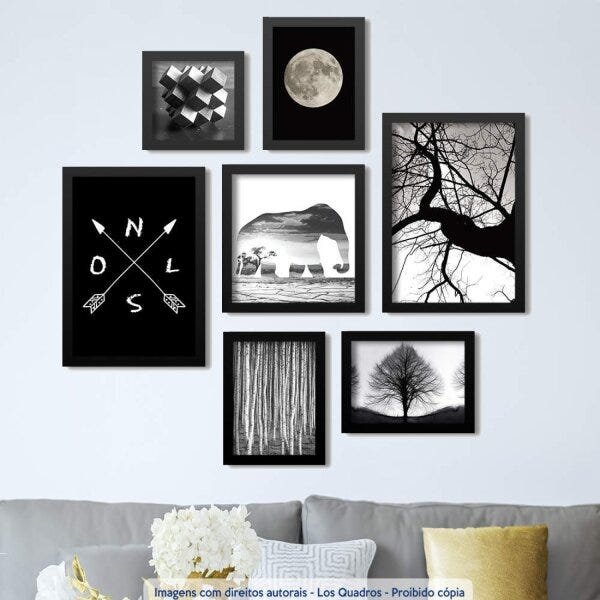 Conjunto 7 Quadros Decorativos Elefante Lua e Abstrato Escuro Los Quadros - 2