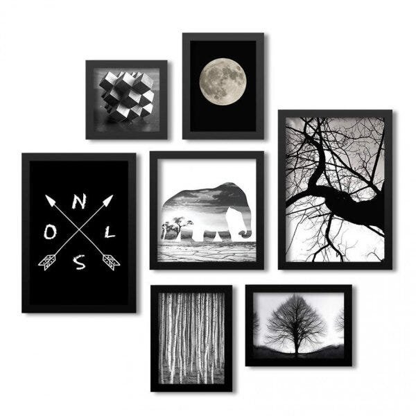Conjunto 7 Quadros Decorativos Elefante Lua e Abstrato Escuro Los Quadros - 1