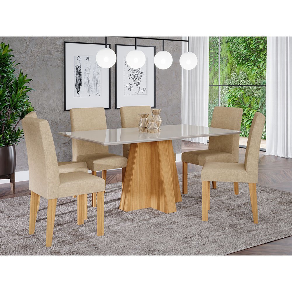 Mesa para Sala de Jantar Patricia 160 cm e 6 Cadeiras Maia Cimol Nature/Off White/Gengibre Mesa Patr