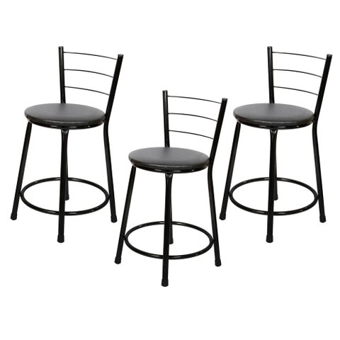 3 Banquetas Baixa para Cozinha Epoxi Preta:preto
