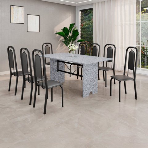 Conjunto para Sala de Jantar com 8 Cadeiras Lara Preto/Cinza