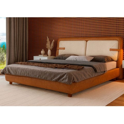 Cama Japonesa com Cabeceira Seo Yun Casal Courino Caramelo / Linho Off White - Sallar Home