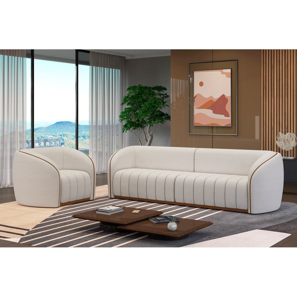 Sofá 2 Lugares 252cm Bipartido West Pu Caramelo| Linho Alto Relevo Off White - Sallar Home - 2