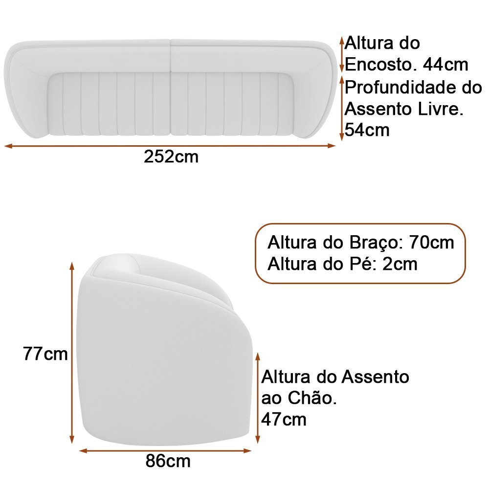 Sofá 2 Lugares 252cm Bipartido West Pu Caramelo| Linho Alto Relevo Off White - Sallar Home - 5