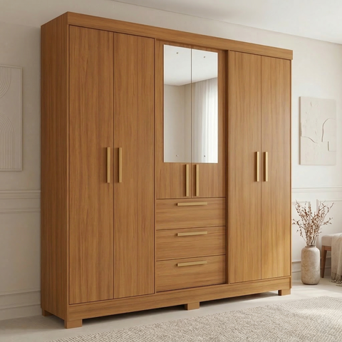 Guarda Roupa Casal com Espelho 6 Portas 3 Gavetas em MDF Select Freijó Trend Marrom