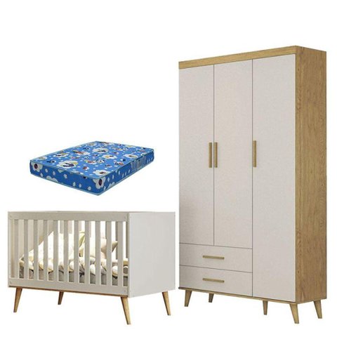 Berço Americano e Guarda Roupa Infantil Ludmila Off White Bétula com Colchão Ortobom Baby