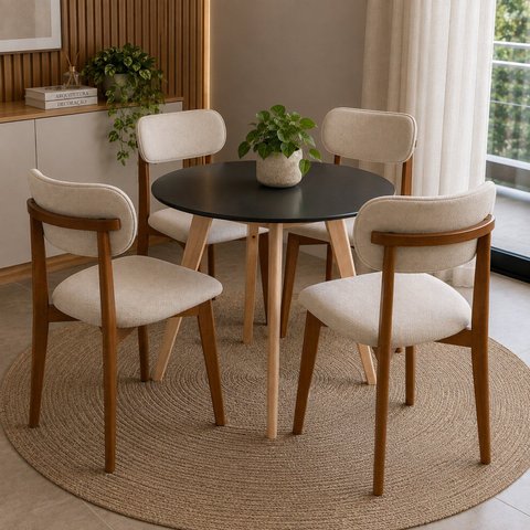 Kit Mesa Preta 90cm & 4 Cadeiras Estofadas Linho Design Elegante