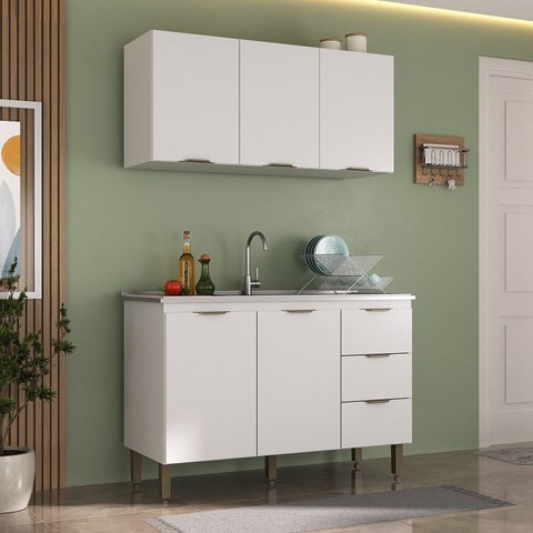 Cozinha Compacta Kit 2 Peças Balcão e Aéreo 120 cm Branco