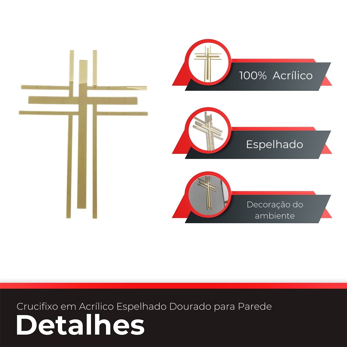 Crucifixo em Acrílico Espelhado Dourado para Parede - 4