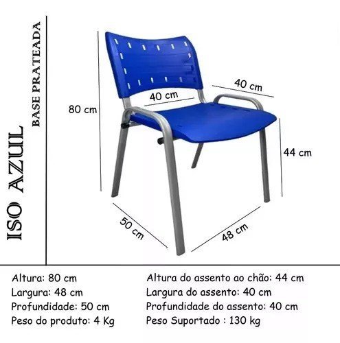Kit Com 6 Cadeiras Iso Para Escola Escritório Comércio Azul Base Prata - 3
