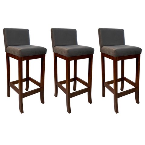 Kit 3 Banquetas Alta Estofada de Madeira Castanho Melody Suede Cinza