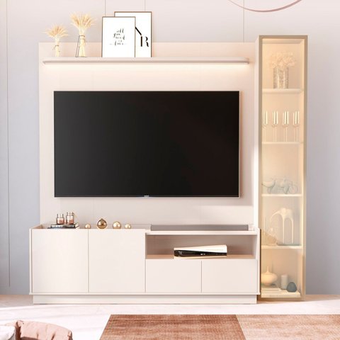 Rack com Painel para TV até 75 Polegadas com LED e Vidro Reflecta 100% MDF 219CMX223CM Vitoria Regia Yescasa Off White