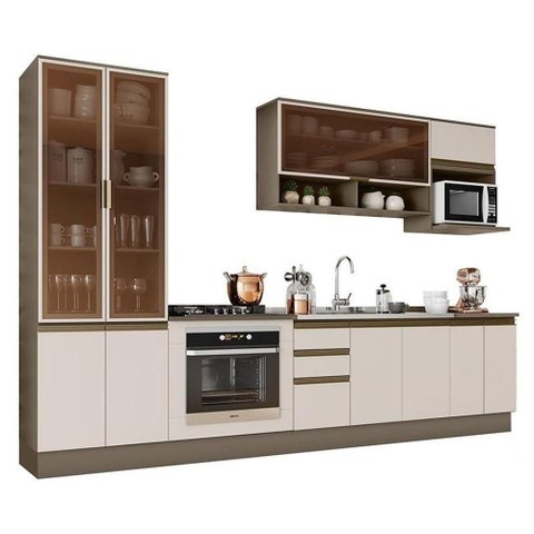 Cozinha Completa 7 Peças Connect Duna/Cristal com Cristaleira e Rodapé - Móveis Henn Duna/Cristal