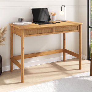 Mesa de Trabalho Minimalista Contemporânea Madeira Rattan para Estudo Freijó Rodrigo