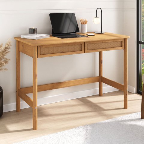 Mesa de Trabalho Minimalista Contemporânea Madeira Rattan para Estudo Freijó Rodrigo Idimex