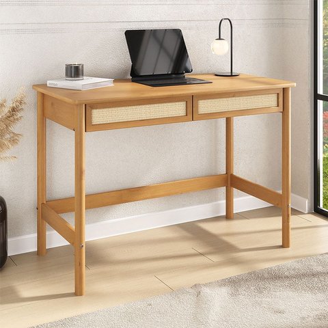 Mesa de Trabalho Minimalista Contemporânea Madeira Rattan para Estudo Freijó Rodrigo Idimex