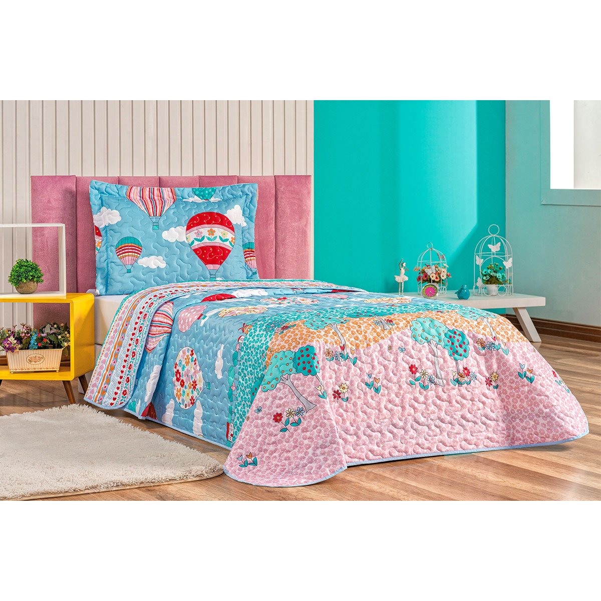 Kit Cobre Leito Infantil Menina Balão Estampado Dupla Face Tecido  Microfibra + Jogo de Cama - 5 Peças