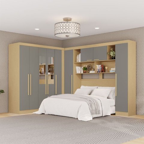 Guarda-Roupa Casal Modulado Positano 9 Portas 2 Gavetas com Espelho Jequitibá/Granizo - Pnr Móveis