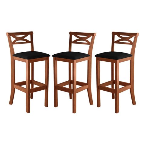 Kit 3 Banquetas Alta Estofada 38x104cm Ilha Encosto Madri Madeira Maciça Castanho Suede Preto - CCS