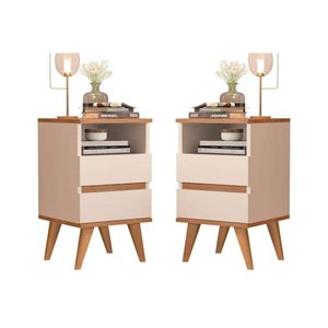 Conjunto 2 Mesa de cabeceira 2 Gavetas Pés Palito Em Madeira Maciça - Pop - CM - Off white/nature