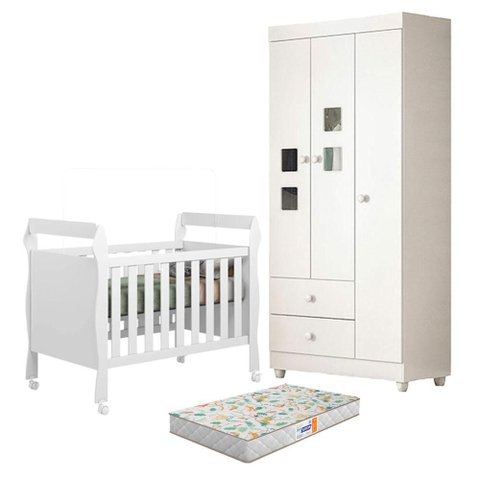 Berço Americano Soninho com Guarda Roupa Life Branco Acetinado Colchão Americano Gazin - Tigus
