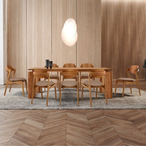 Sala de Jantar Mesa Nala 220cm Tampo Laminado Canto Moeda com 8 Cadeiras Solaris Gold
