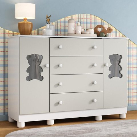 Cômoda Infantil 125cm 2 Portas com Vidro e 4 Gavetas Fofura Multimóveis Mp4485 Branco/off White