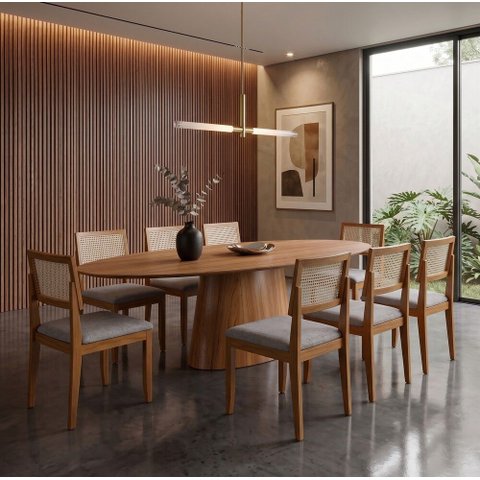 Sala de Jantar Barcelona 220cm com 8 Cadeiras Madeira Maciça Santorini Cinamomo Tela/Linho Cinza