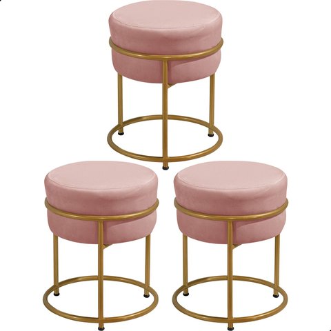 Kit 3 Puff Redondo Argola Levi Veludo Rosa Base em Aço Dourado
