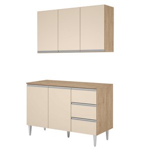 Balcão com Tampo e Armario Aereo Milla Amendoa Off White Puxador Aluminio