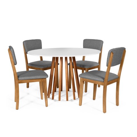 Mesa de Jantar Redonda Gabi Nat/bran com 4 Cadeiras Estofadas Ella Cinza Escuro