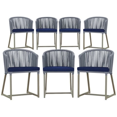 7 Cadeiras de Jantar Área Noronha em Alumínio com Pintura Fendi Corda Náutica Estofado 10 Trama Orig