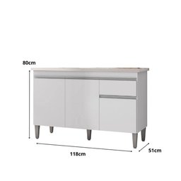 Balcão Gabinete P-pia Tatiane 120cm 3 Portas e 1 Gaveta C-tampo Branco - 3