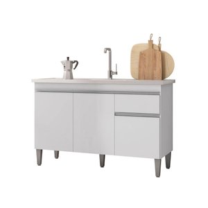 Balcão Gabinete P-pia Tatiane 120cm 3 Portas e 1 Gaveta C-tampo Branco