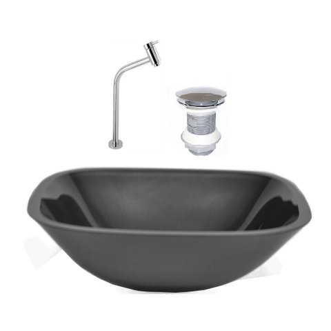 CUBA DE VIDRO QUADRADA 35CM PRETO + VALVULA + TORNEIRA METAL