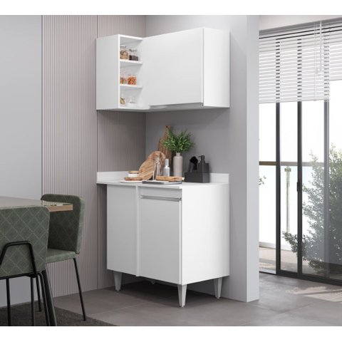 Kit Balcão e Armário Aéreo de Canto Helena 2 Portas Branco Maderatto Móveis