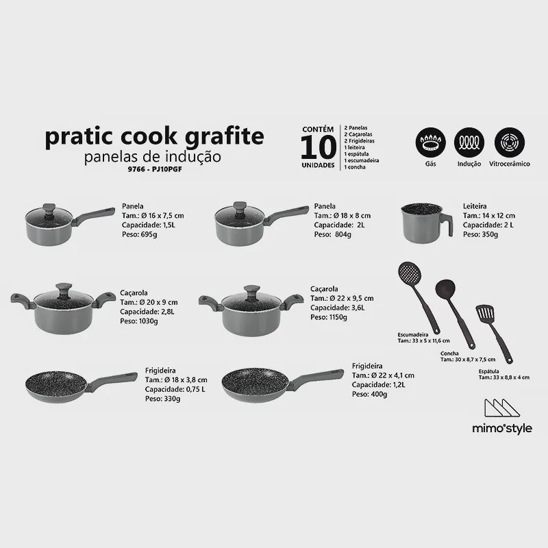 Jogo de Panela Ceramica Antiaderente Indução Mimo Style Pratic Cook Grafite 10 Peças Panelas e Utens - 9