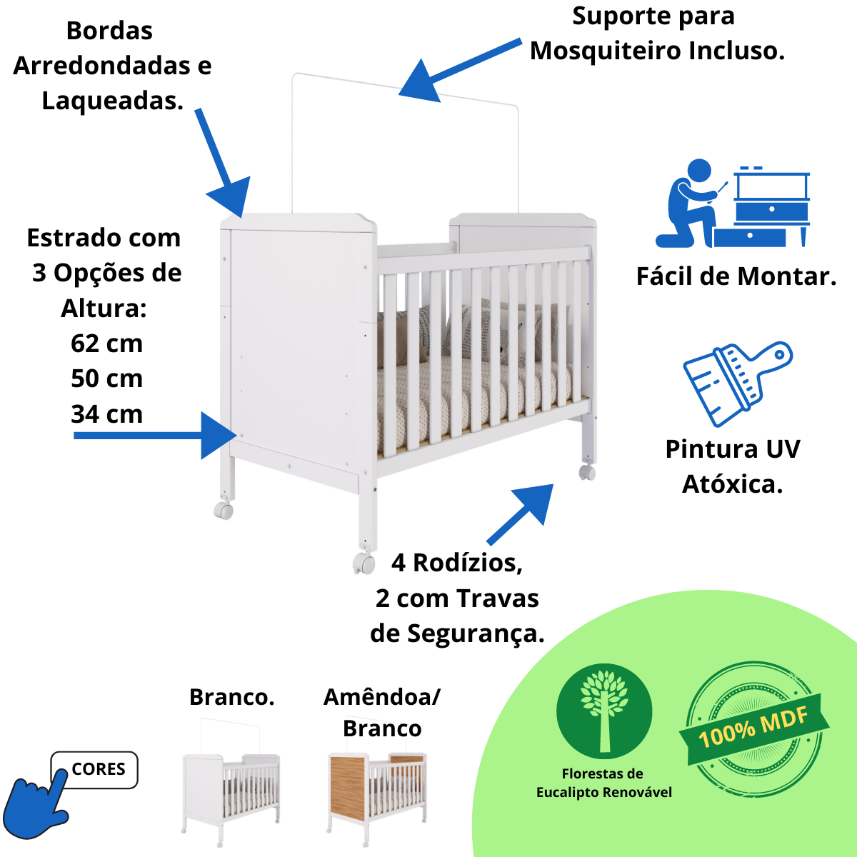 Quarto de Bebê Completo Guarda Roupa Uli 4 Portas 3 Gavetas Berço Mini Cama Cloe 2 em 1 Cômoda - Bra - 3