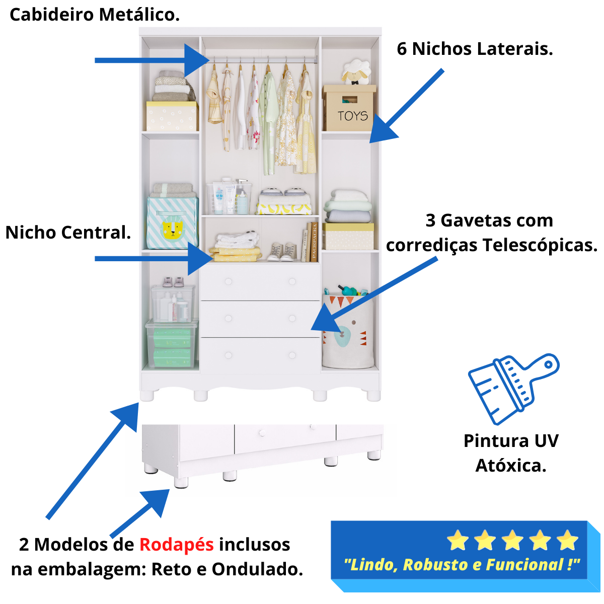 Quarto de Bebê Completo Guarda Roupa Uli 4 Portas 3 Gavetas Berço Mini Cama Cloe 2 em 1 Cômoda - Bra - 9